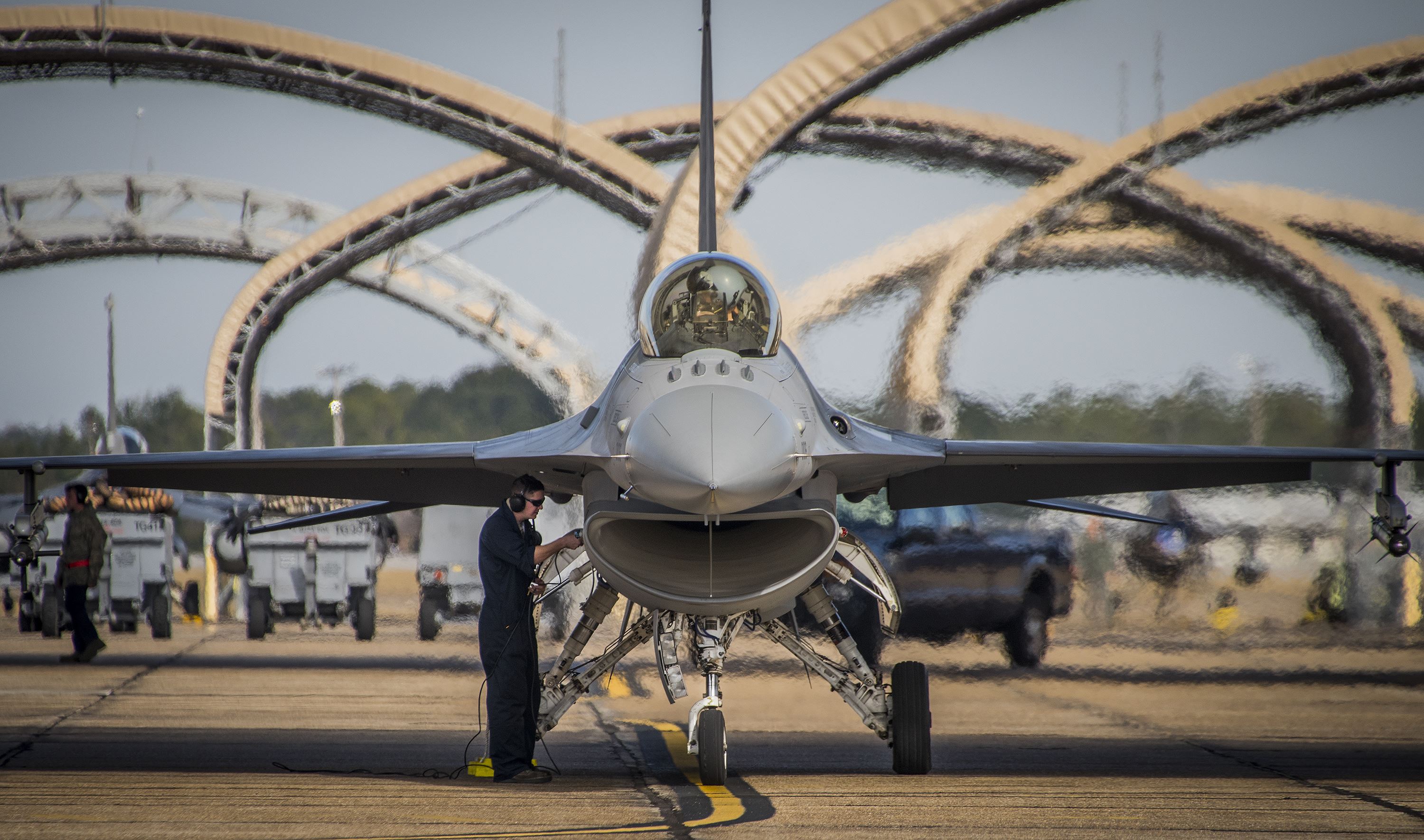 US Air Force fighter jet under maintenance.